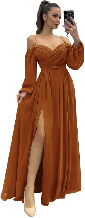 Women's Long Sleeves Bridesmaid Dresses for Wedding Off The Shoulder Chiffon Formal Dress with Slit