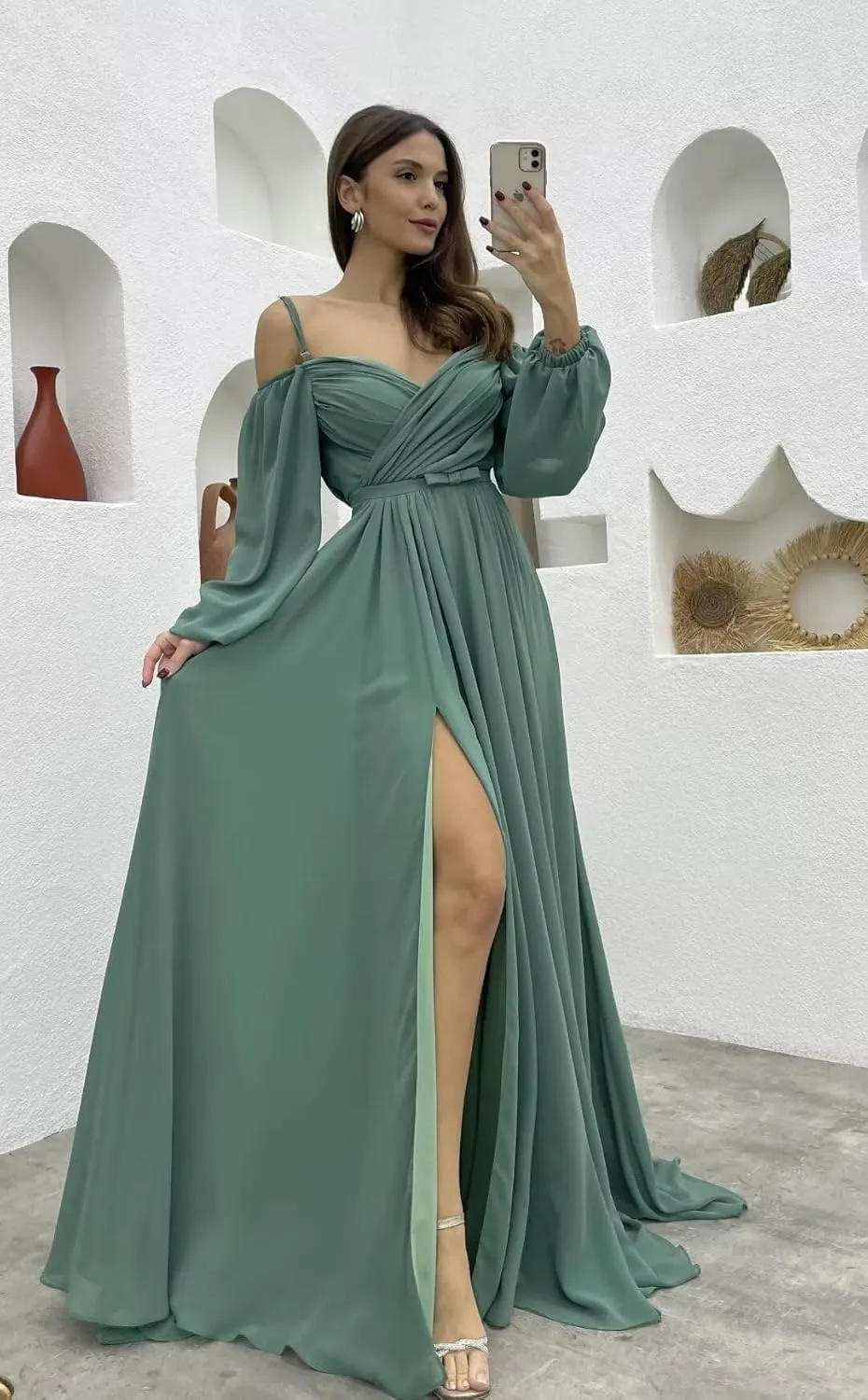 Women's Long Sleeves Bridesmaid Dresses for Wedding Off The Shoulder Chiffon Formal Dress with Slit