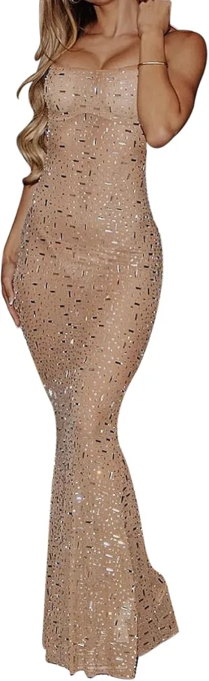 Women's Mesh Rhinestone Cover Up Dress Sparkle Beach Swimwear Coverups Shiny Crystal Sheer Maxi Dresses