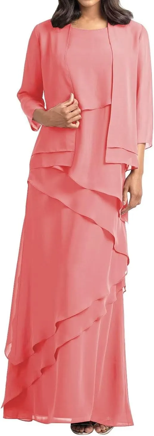 Women's Mother of The Bride Dresses with Jacket Chiffon Ruffles Evening Gowns Long Wedding Party Formal Dress