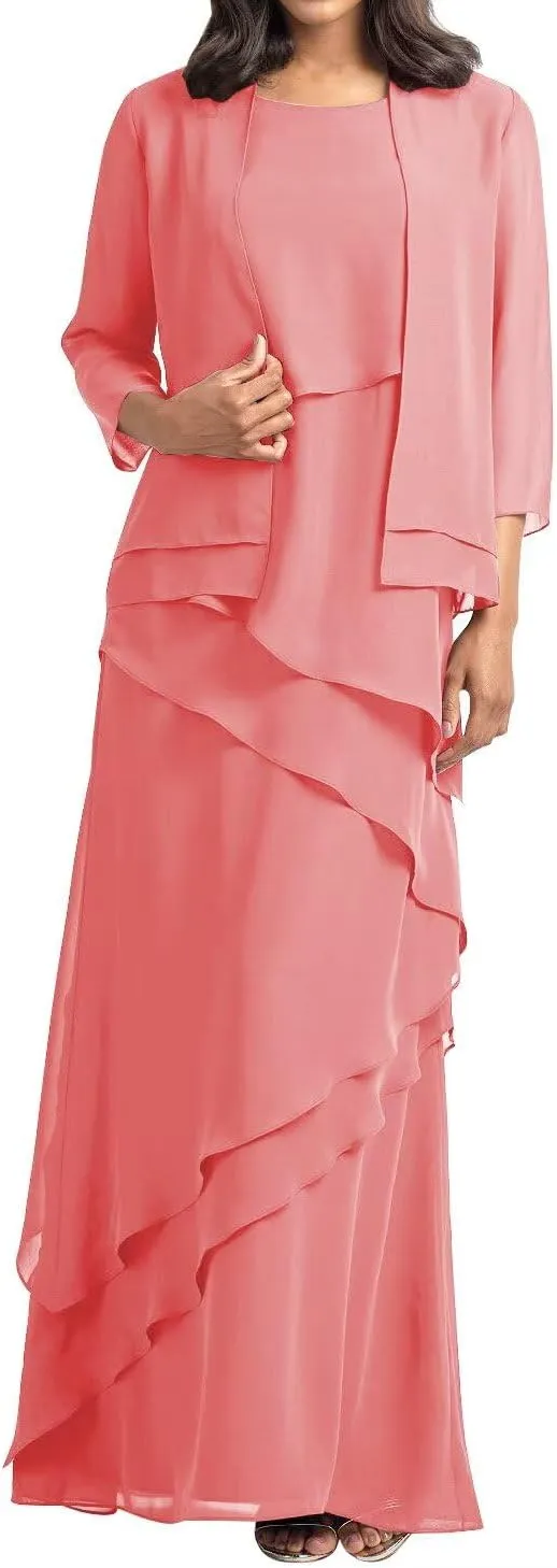 Women's Mother of The Bride Dresses with Jacket Chiffon Ruffles Evening Gowns Long Wedding Party Formal Dress