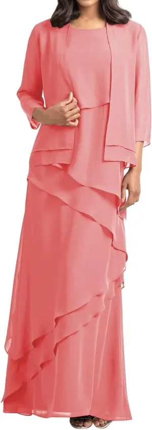 Women's Mother of The Bride Dresses with Jacket Chiffon Ruffles Evening Gowns Long Wedding Party Formal Dress