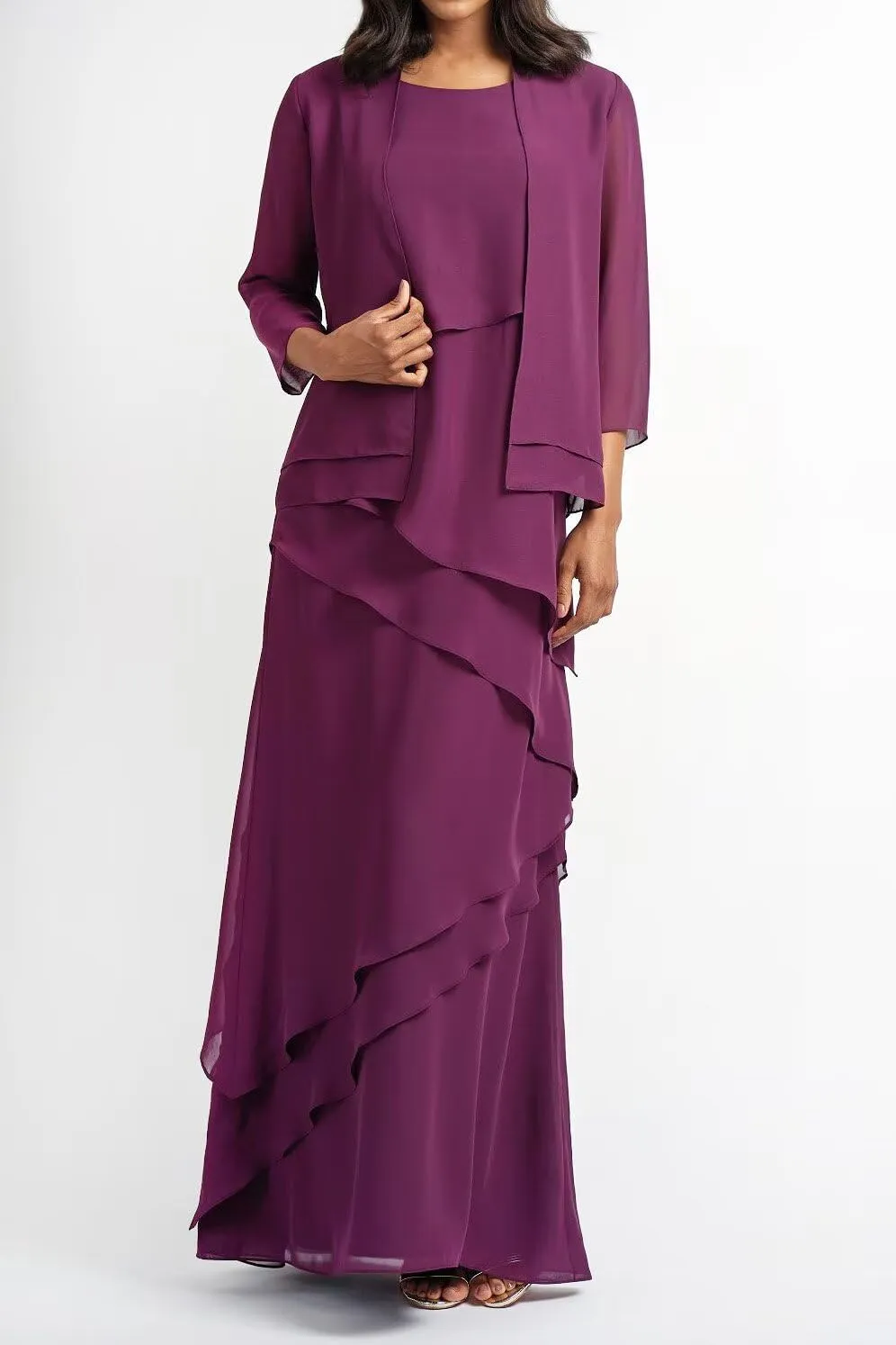 Women's Mother of The Bride Dresses with Jacket Chiffon Ruffles Evening Gowns Long Wedding Party Formal Dress