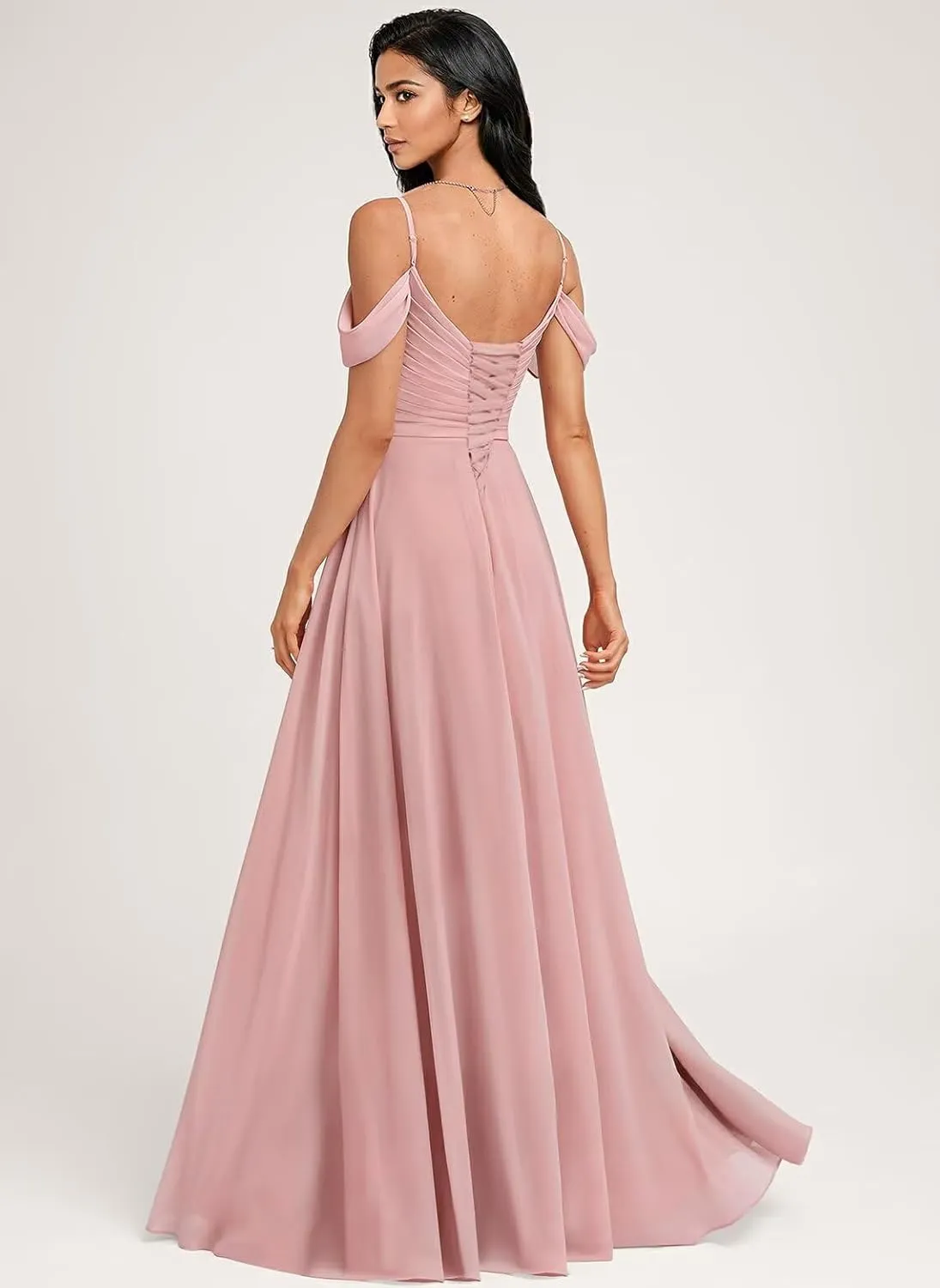 Women's Off Shoulder Bridesmaid Dresses for Wedding with Slit Empire Waist V Neck Formal Dress Long with Pockets