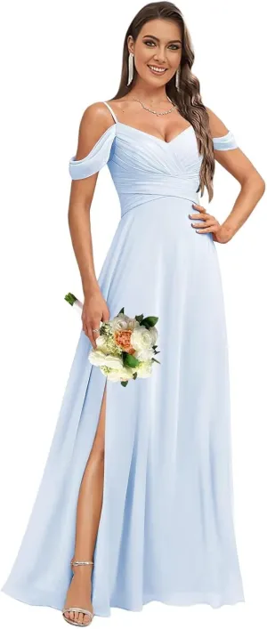 Women's Off Shoulder Bridesmaid Dresses for Wedding with Slit Empire Waist V Neck Formal Dress Long with Pockets