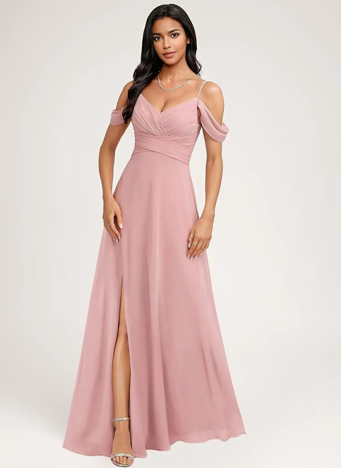 Women's Off Shoulder Bridesmaid Dresses for Wedding with Slit Empire Waist V Neck Formal Dress Long with Pockets