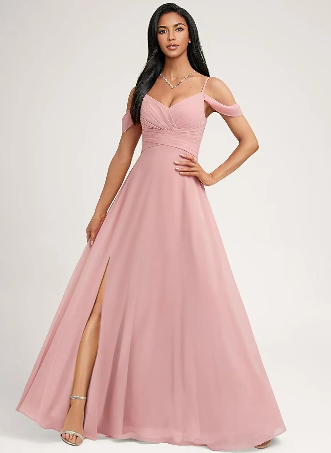 Women's Off Shoulder Bridesmaid Dresses for Wedding with Slit Empire Waist V Neck Formal Dress Long with Pockets