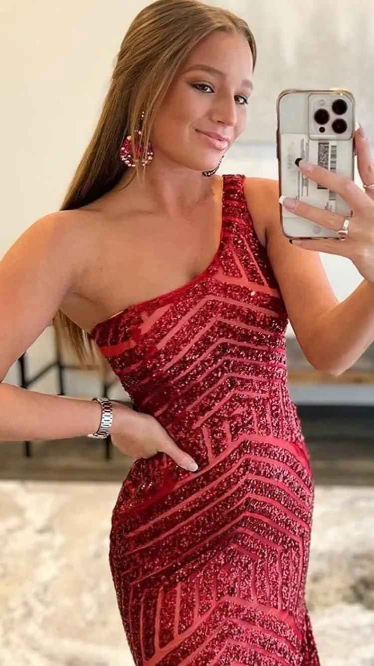 Womens One Shoulder Sequin Mermaid Corset Prom Dresses for Teens Sparkly Long Formal Evening Ball Gown ZN012