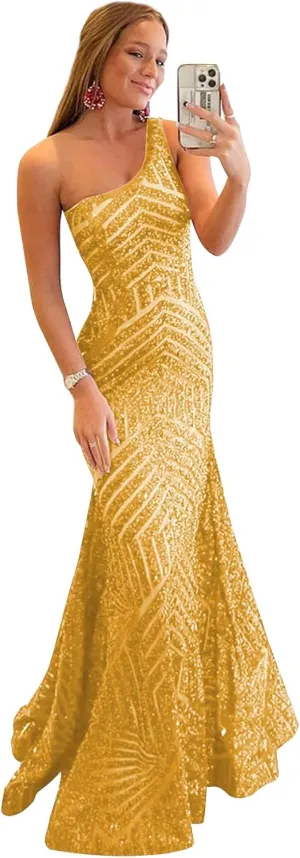 Womens One Shoulder Sequin Mermaid Corset Prom Dresses for Teens Sparkly Long Formal Evening Ball Gown ZN012