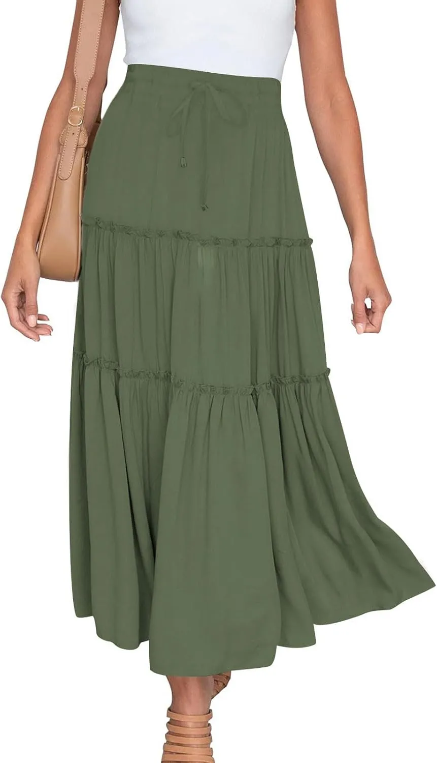 Women's Pleated Midi Skirts Casual Beach Boho Layered Elastic High Waist A-Line Ruffle Swing Long Maxi Skirts