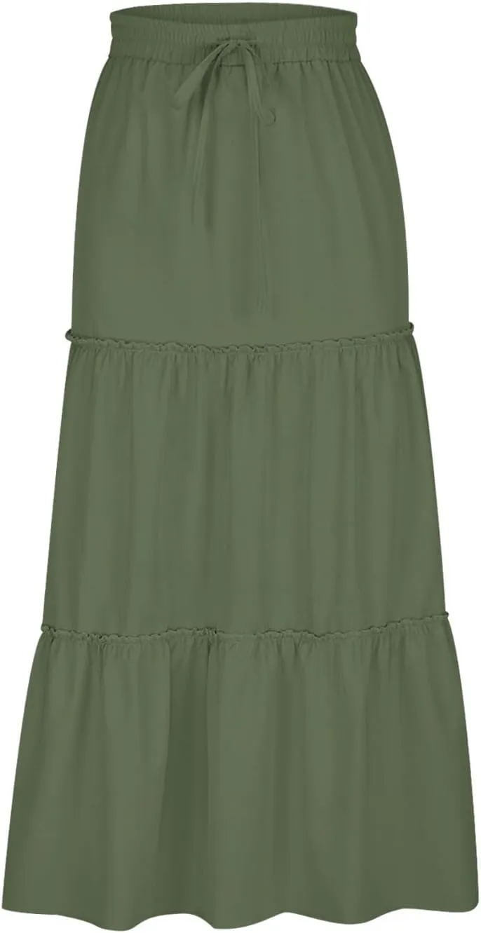 Women's Pleated Midi Skirts Casual Beach Boho Layered Elastic High Waist A-Line Ruffle Swing Long Maxi Skirts