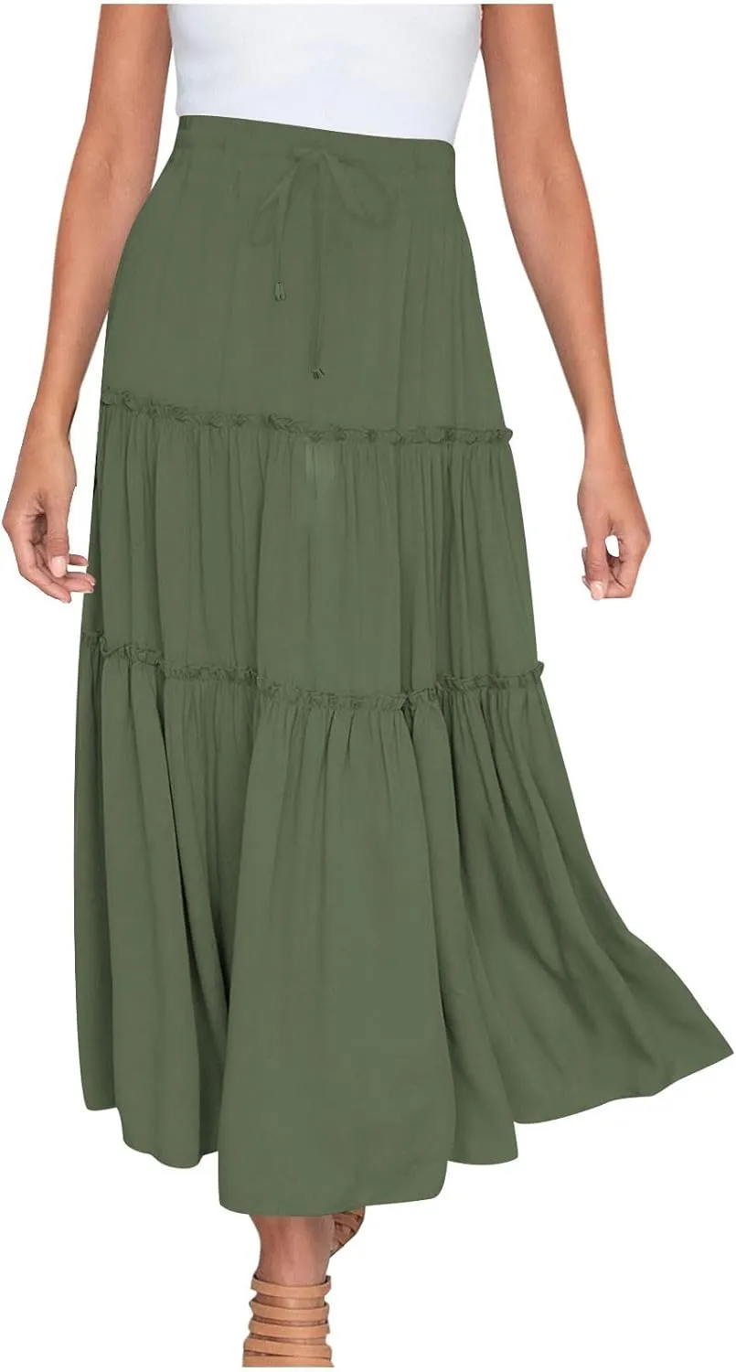 Women's Pleated Midi Skirts Casual Beach Boho Layered Elastic High Waist A-Line Ruffle Swing Long Maxi Skirts