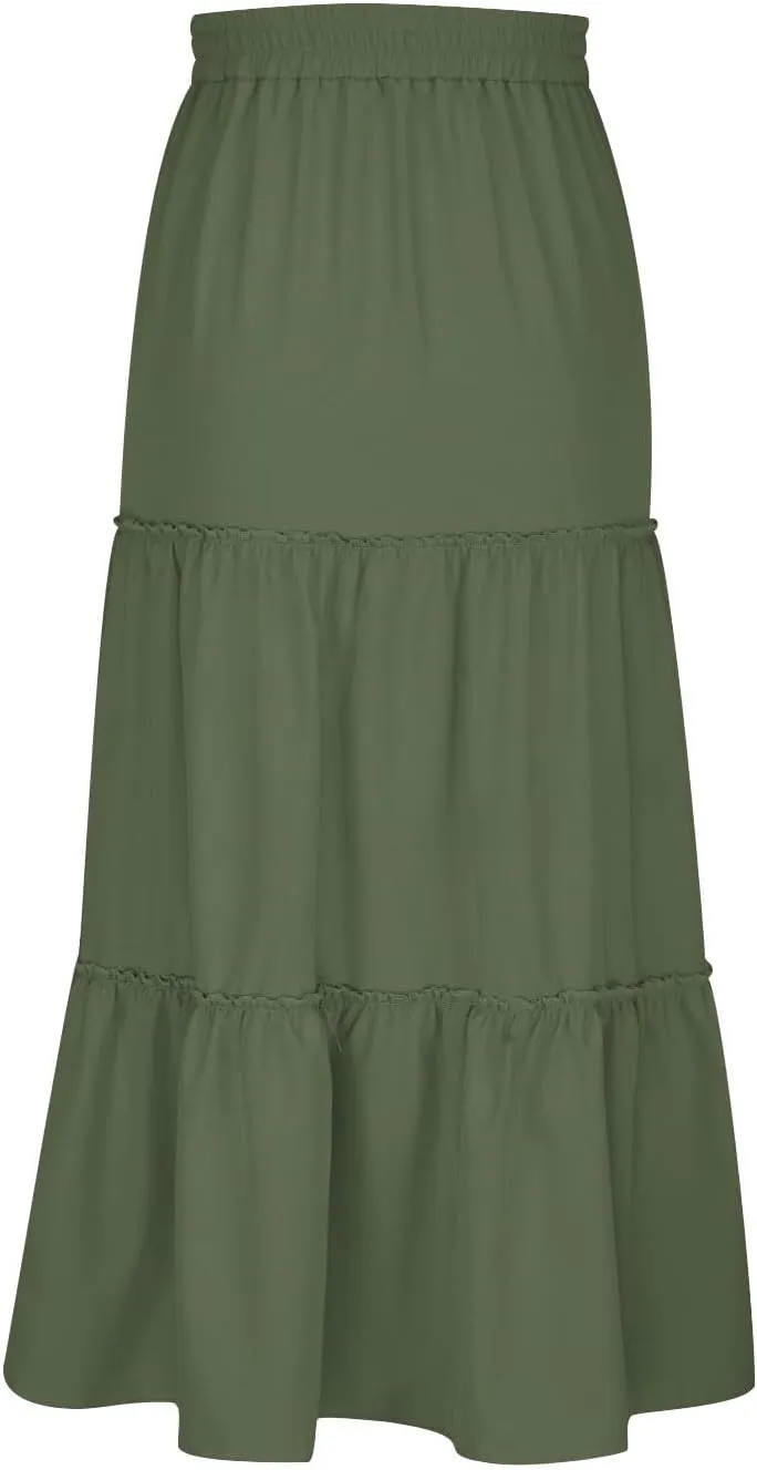 Women's Pleated Midi Skirts Casual Beach Boho Layered Elastic High Waist A-Line Ruffle Swing Long Maxi Skirts