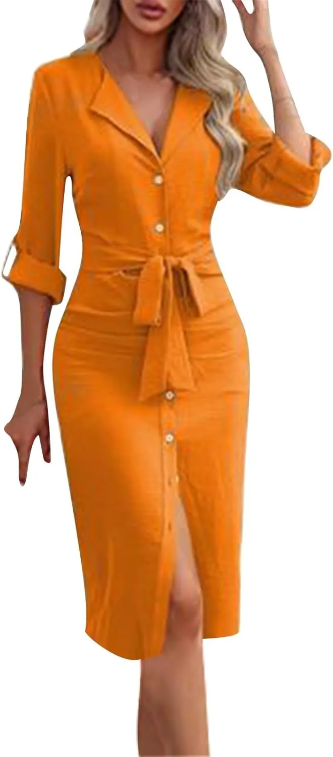 Women's Roll Up Long Sleeve Button Down Shirt Dress Casual Loose Front Split Work Business Dressy Midi Dresses with Belt