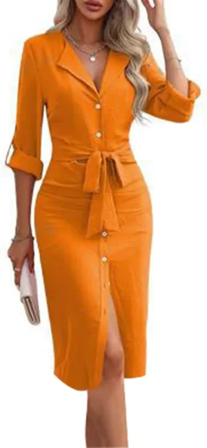 Women's Roll Up Long Sleeve Button Down Shirt Dress Casual Loose Front Split Work Business Dressy Midi Dresses with Belt