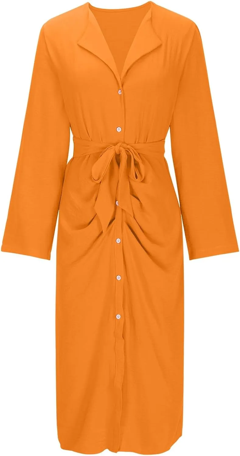 Women's Roll Up Long Sleeve Button Down Shirt Dress Casual Loose Front Split Work Business Dressy Midi Dresses with Belt