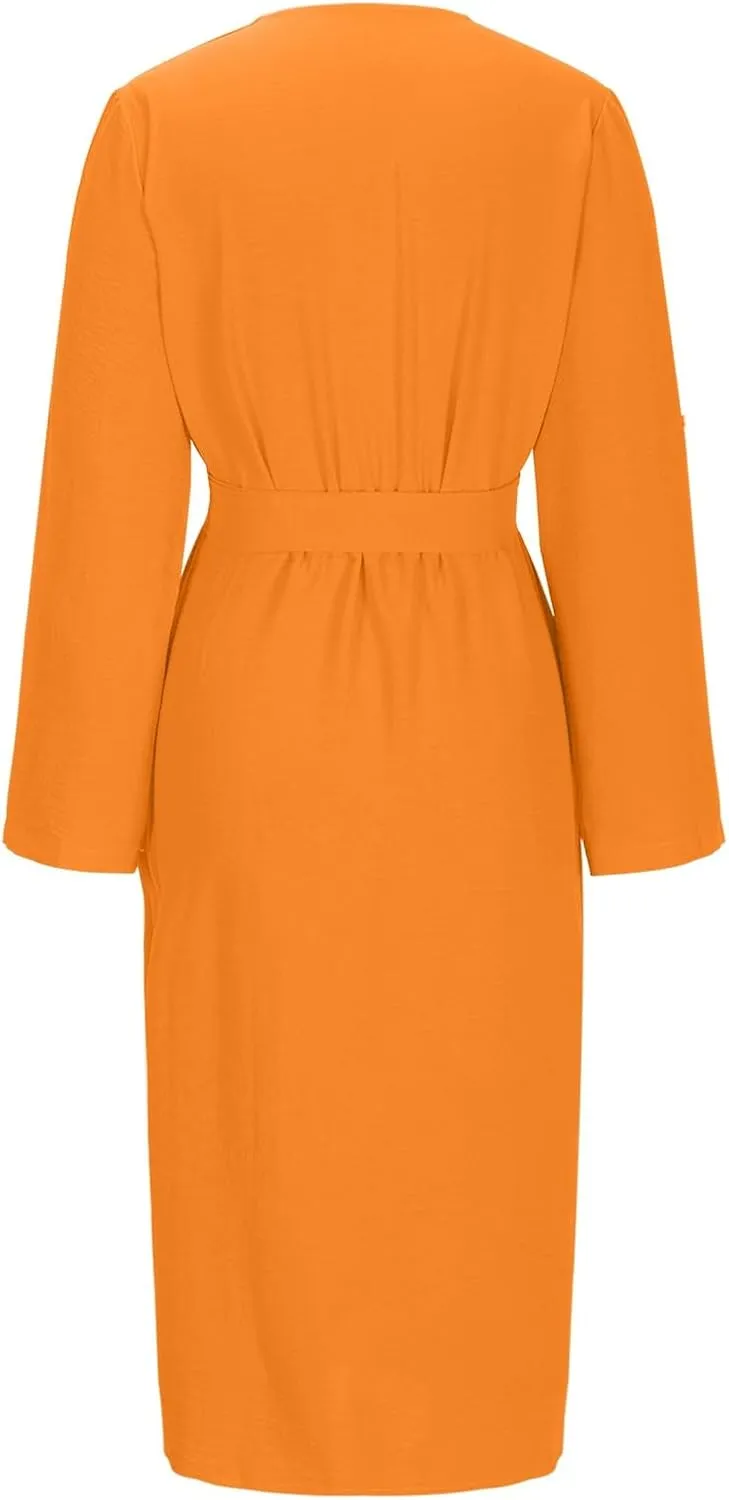 Women's Roll Up Long Sleeve Button Down Shirt Dress Casual Loose Front Split Work Business Dressy Midi Dresses with Belt