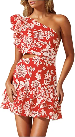 Womens Ruffles Mini Dresses Sexy Backless One Shoulder Boho Style Floral Dance Dress Beach Casual Sundress