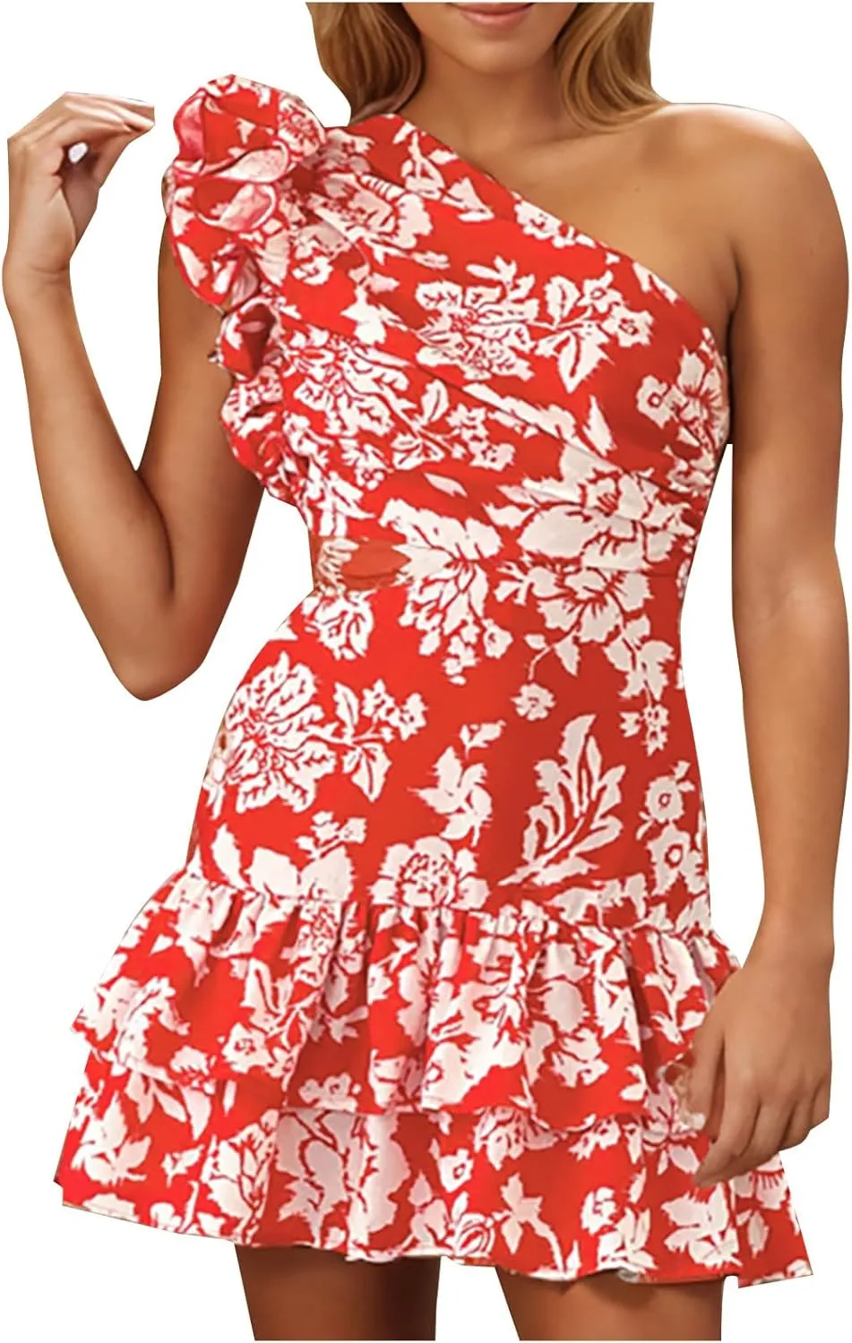Womens Ruffles Mini Dresses Sexy Backless One Shoulder Boho Style Floral Dance Dress Beach Casual Sundress