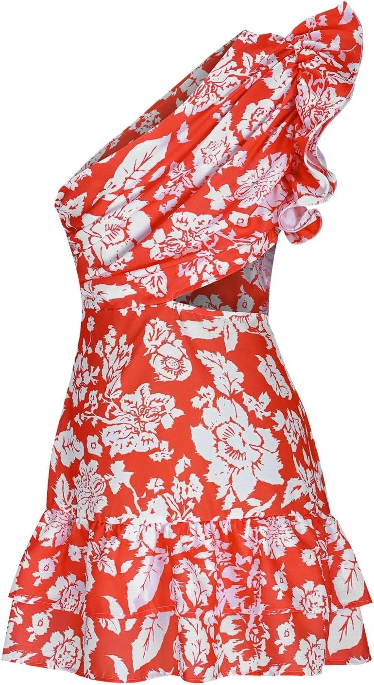 Womens Ruffles Mini Dresses Sexy Backless One Shoulder Boho Style Floral Dance Dress Beach Casual Sundress