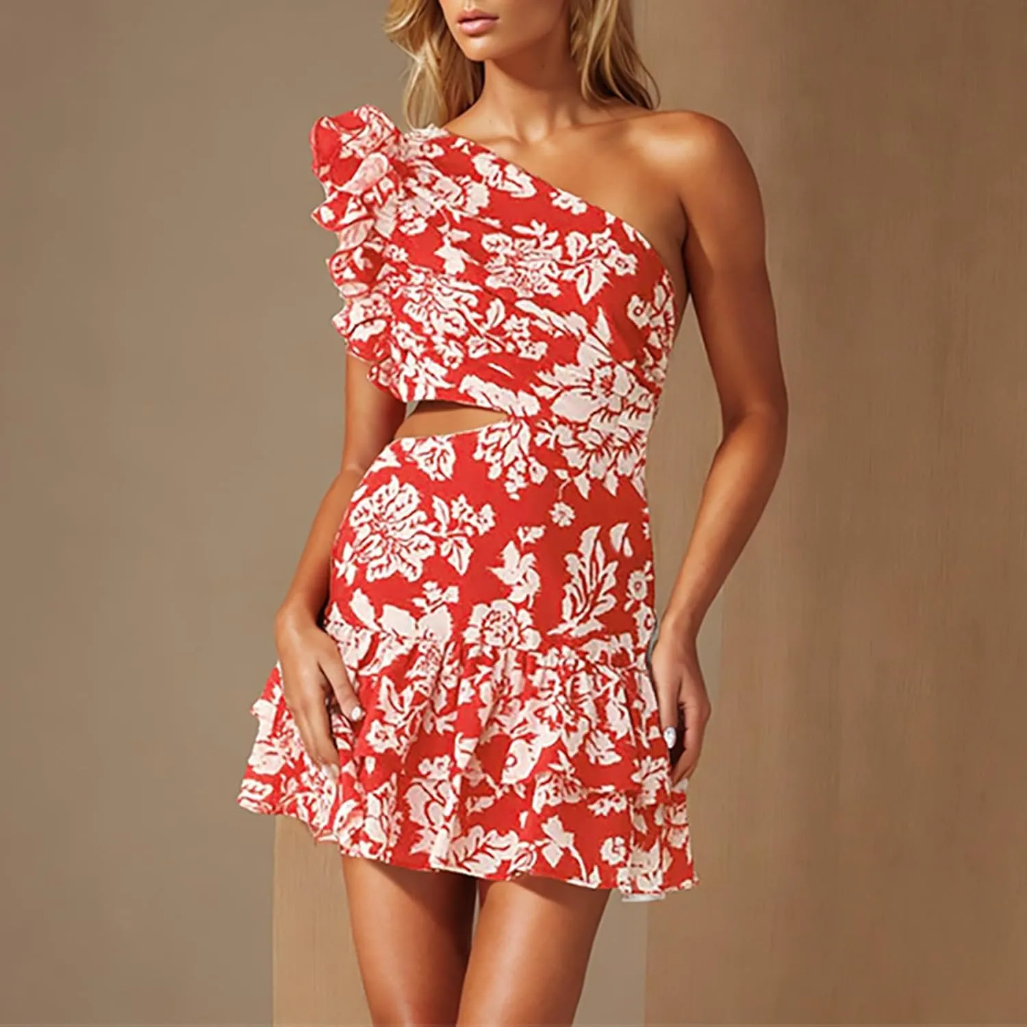 Womens Ruffles Mini Dresses Sexy Backless One Shoulder Boho Style Floral Dance Dress Beach Casual Sundress