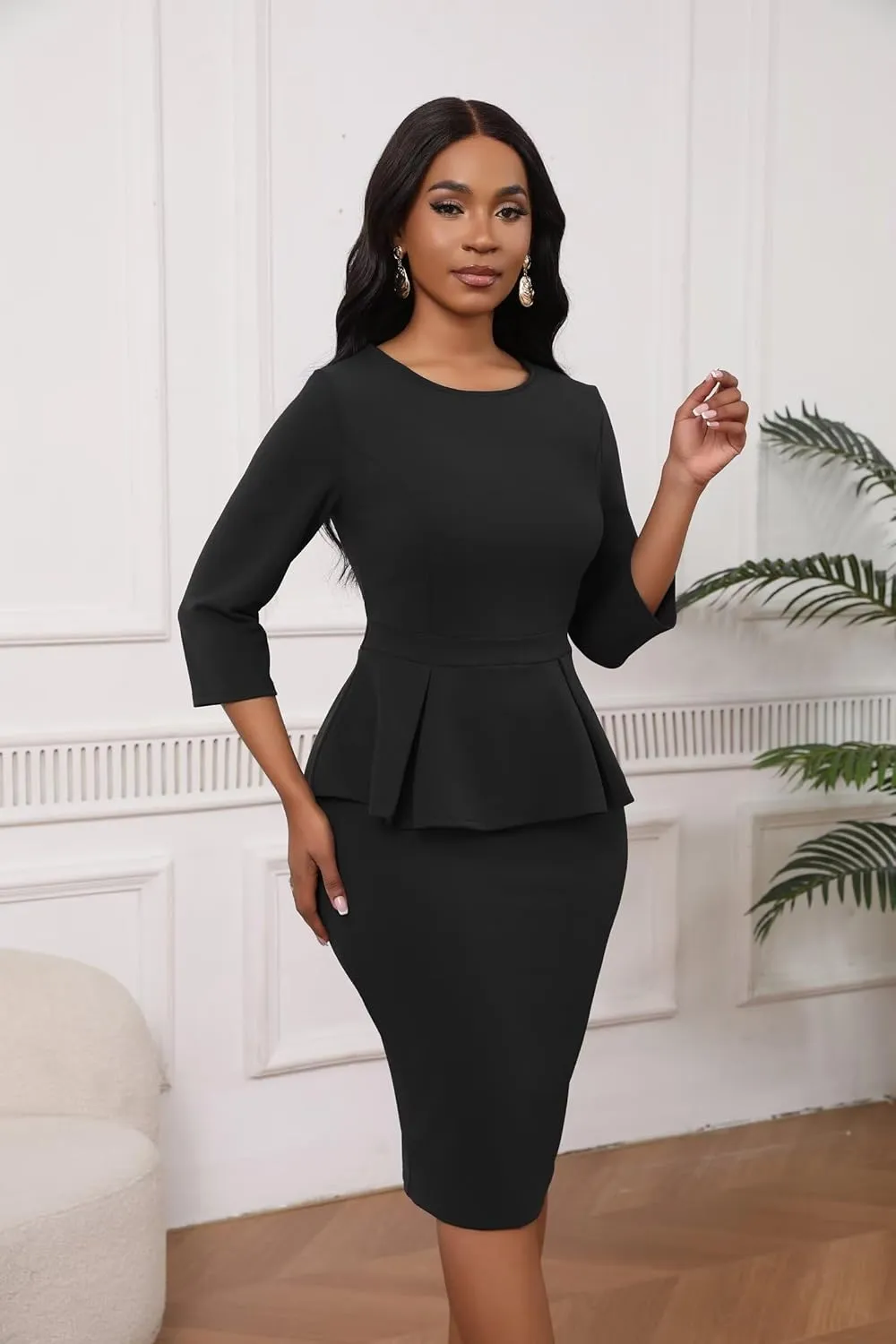 Women's Sexy 2 Piece Suit Skirt Set 3/4 Sleeve Peplum Birthday Midi Pencil Skirt Suit Bodycon Church Suit