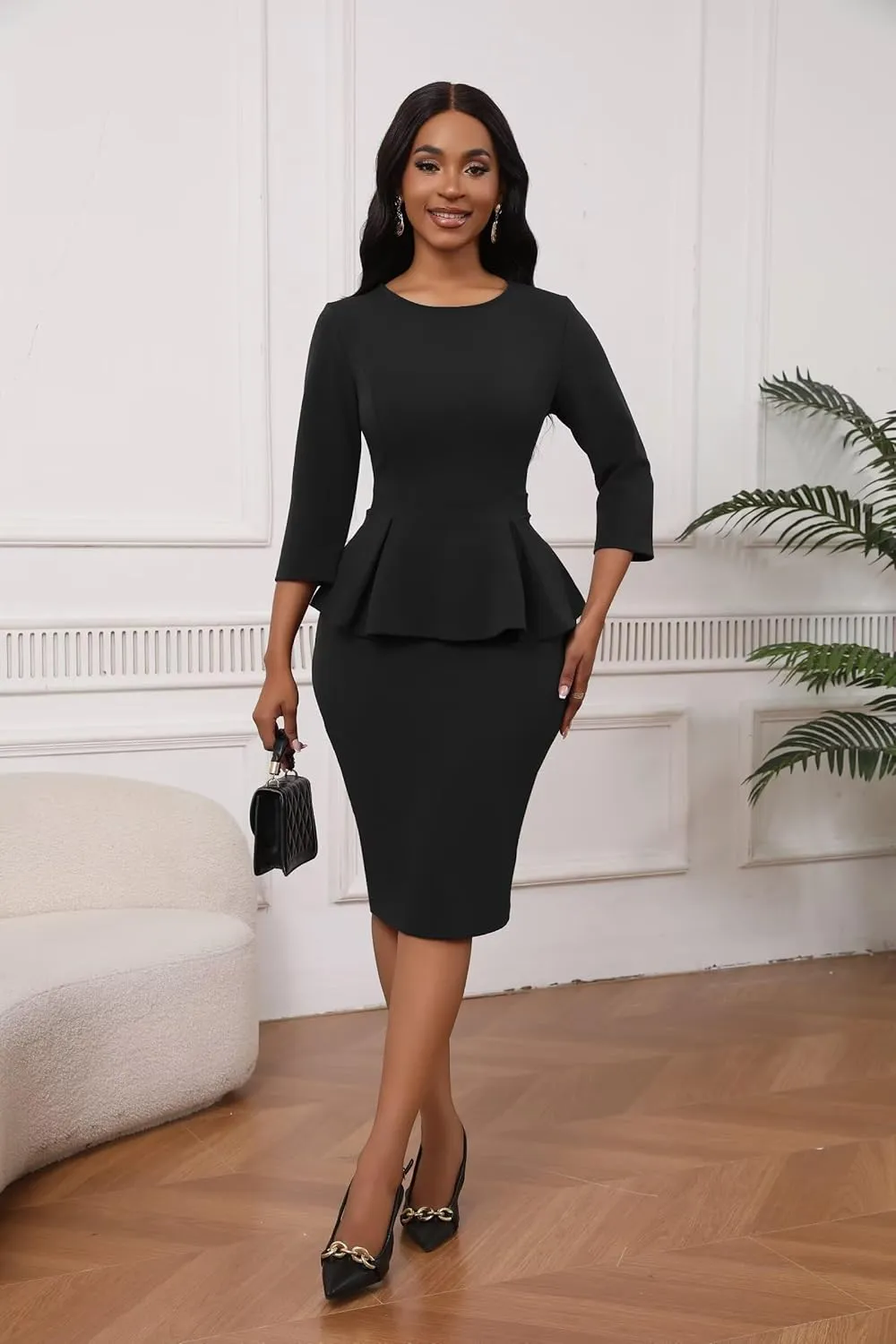 Women's Sexy 2 Piece Suit Skirt Set 3/4 Sleeve Peplum Birthday Midi Pencil Skirt Suit Bodycon Church Suit