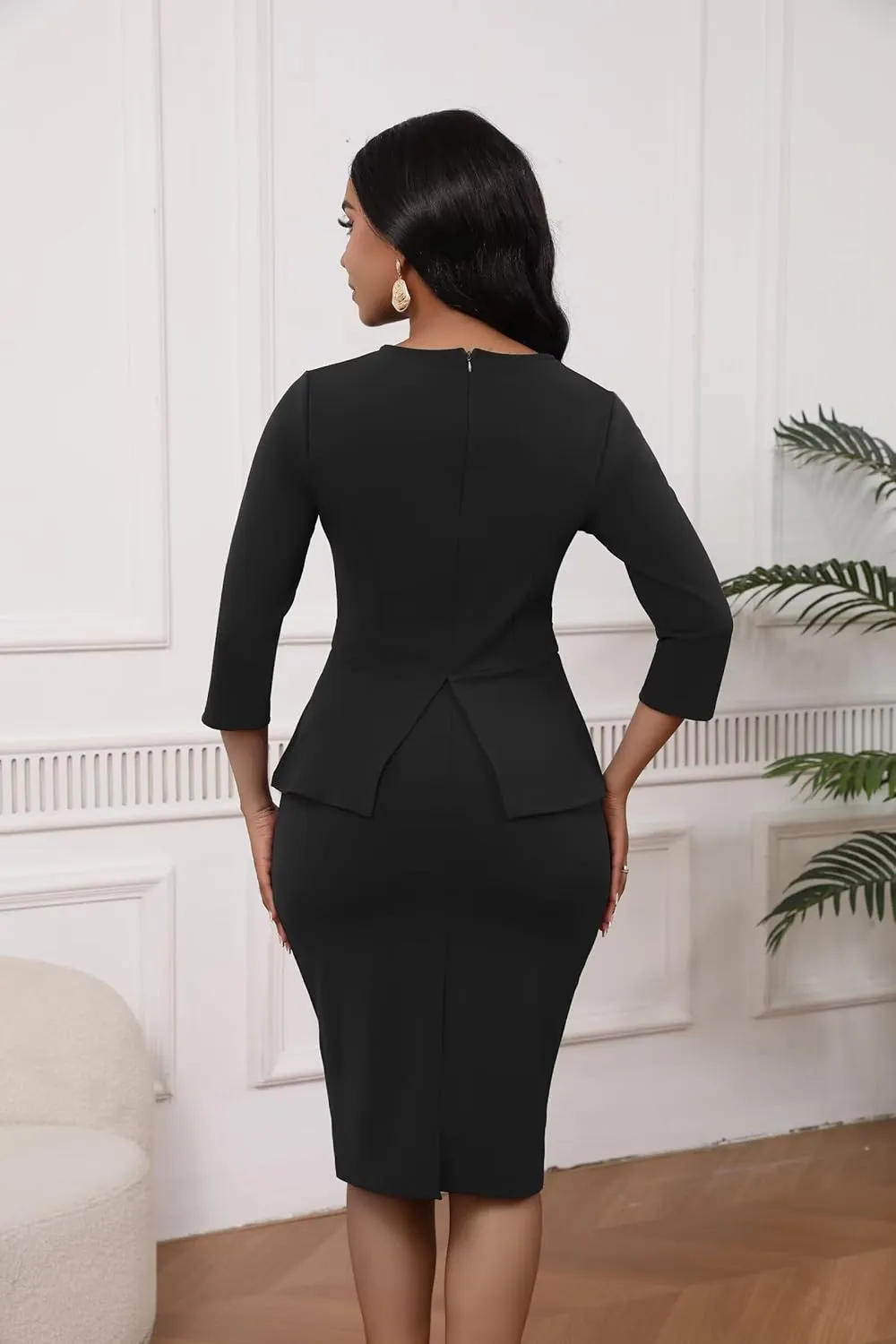 Women's Sexy 2 Piece Suit Skirt Set 3/4 Sleeve Peplum Birthday Midi Pencil Skirt Suit Bodycon Church Suit