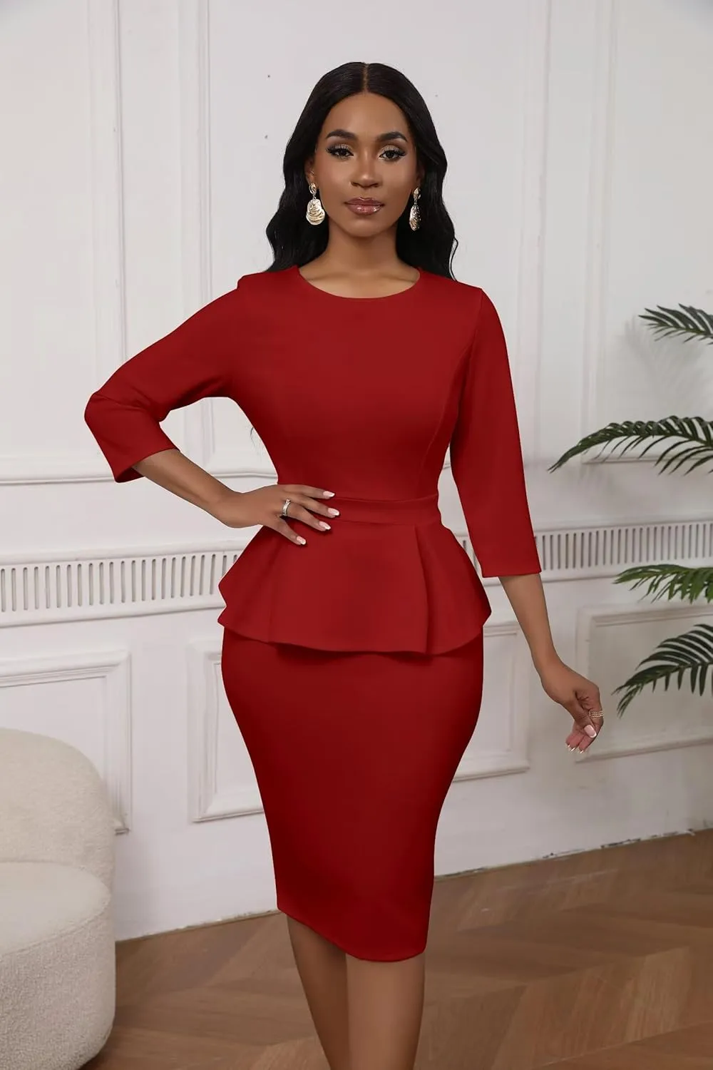 Women's Sexy 2 Piece Suit Skirt Set 3/4 Sleeve Peplum Birthday Midi Pencil Skirt Suit Bodycon Church Suit