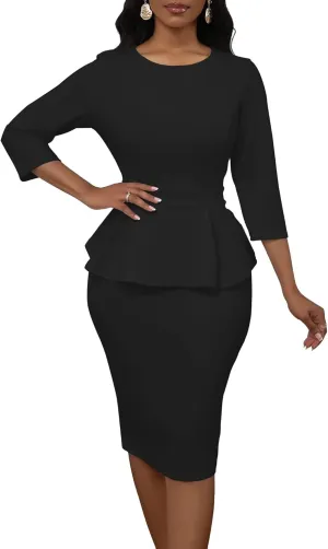 Women's Sexy 2 Piece Suit Skirt Set 3/4 Sleeve Peplum Birthday Midi Pencil Skirt Suit Bodycon Church Suit