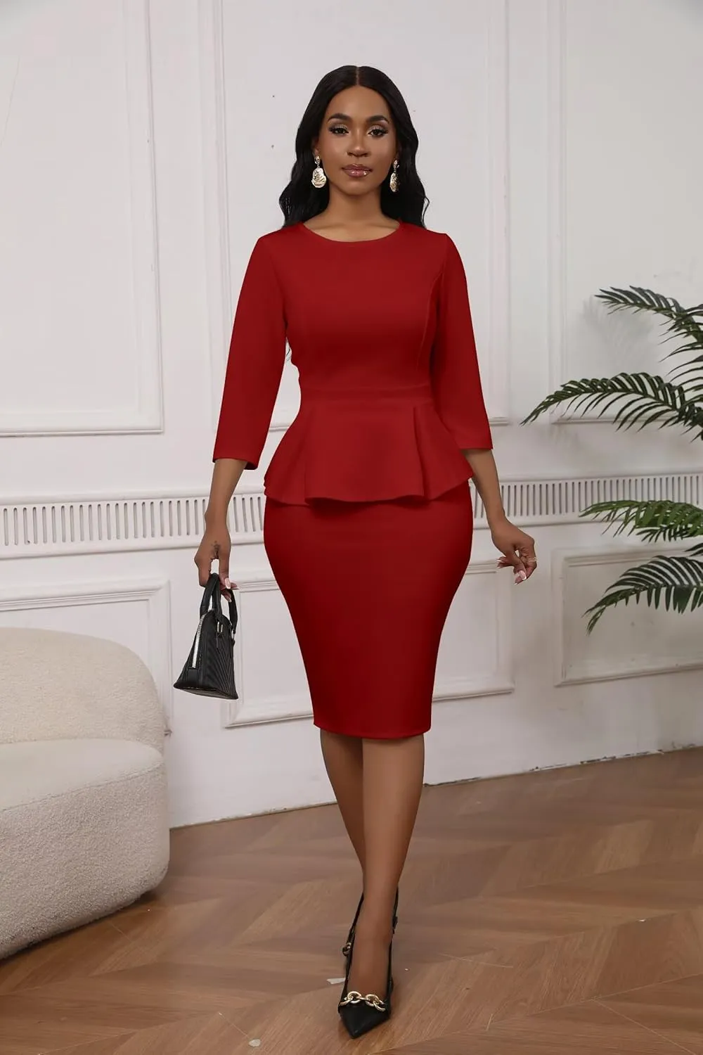 Women's Sexy 2 Piece Suit Skirt Set 3/4 Sleeve Peplum Birthday Midi Pencil Skirt Suit Bodycon Church Suit