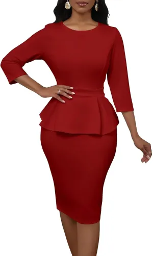 Women's Sexy 2 Piece Suit Skirt Set 3/4 Sleeve Peplum Birthday Midi Pencil Skirt Suit Bodycon Church Suit