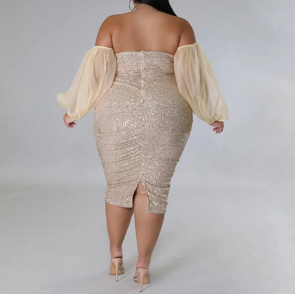 Women's Sexy Plus Size Sequins Sparkle Bodycon Off Shoulder Wrap Dress Lantern Sleeve Ruched Midi Dress