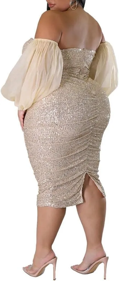 Women's Sexy Plus Size Sequins Sparkle Bodycon Off Shoulder Wrap Dress Lantern Sleeve Ruched Midi Dress