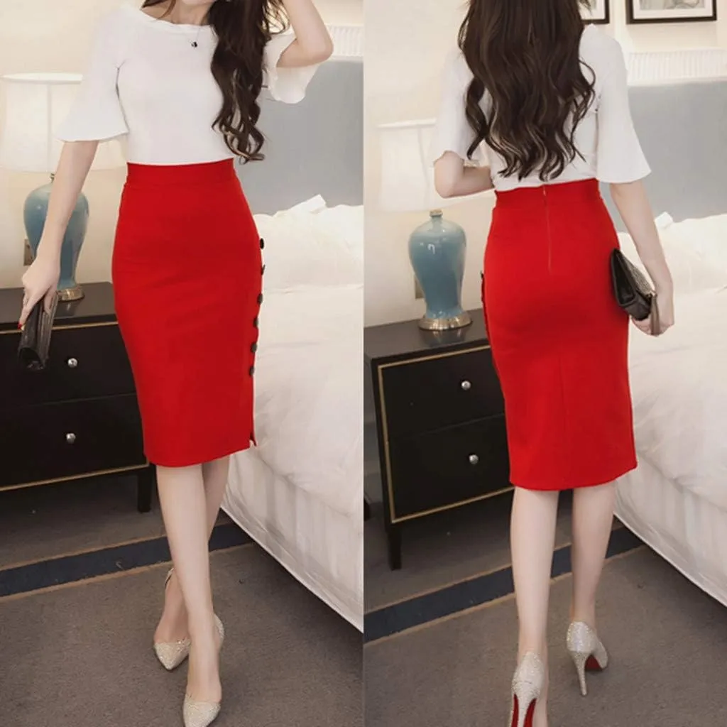 Women's Sexy Skirts Warp Bodycon Skirts Classic Fashion Side Button Down High Waisted Skirts Slim-Fit Casual Skirt