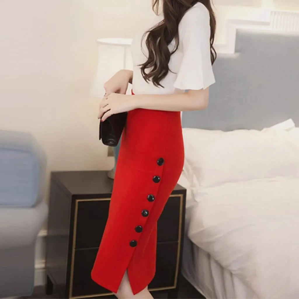 Women's Sexy Skirts Warp Bodycon Skirts Classic Fashion Side Button Down High Waisted Skirts Slim-Fit Casual Skirt