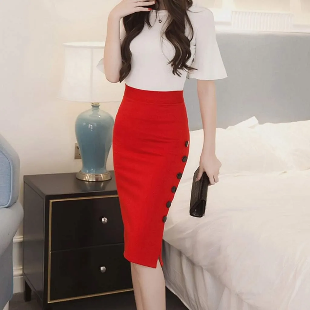 Women's Sexy Skirts Warp Bodycon Skirts Classic Fashion Side Button Down High Waisted Skirts Slim-Fit Casual Skirt