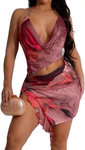 Women's Sheer Mesh Dress Sexy See Through Floral Cut Out Beach Club Bodycon Halter Dress