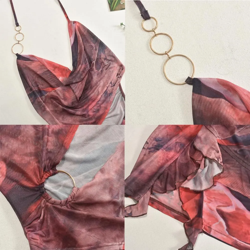 Women's Sheer Mesh Dress Sexy See Through Floral Cut Out Beach Club Bodycon Halter Dress