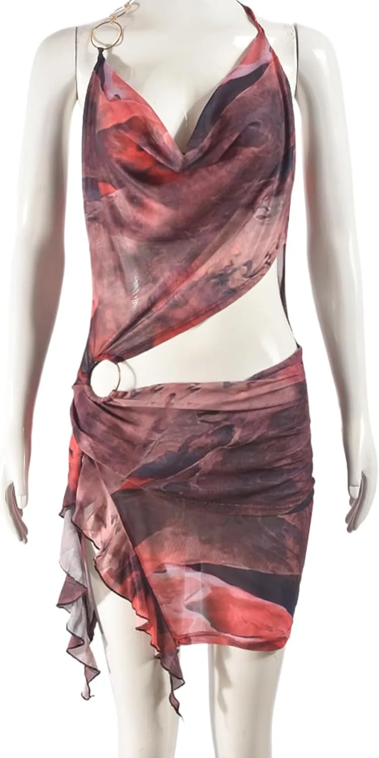 Women's Sheer Mesh Dress Sexy See Through Floral Cut Out Beach Club Bodycon Halter Dress