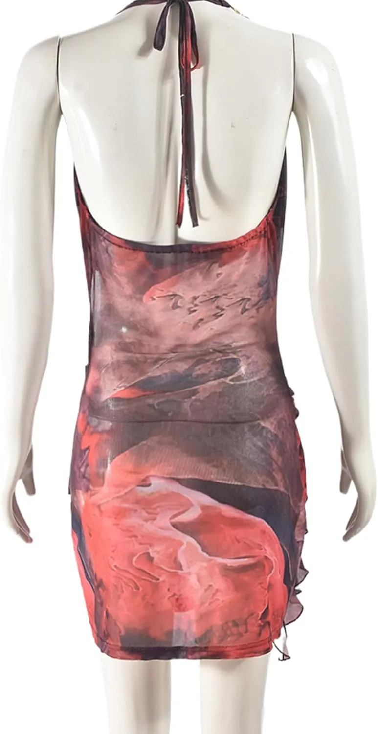 Women's Sheer Mesh Dress Sexy See Through Floral Cut Out Beach Club Bodycon Halter Dress
