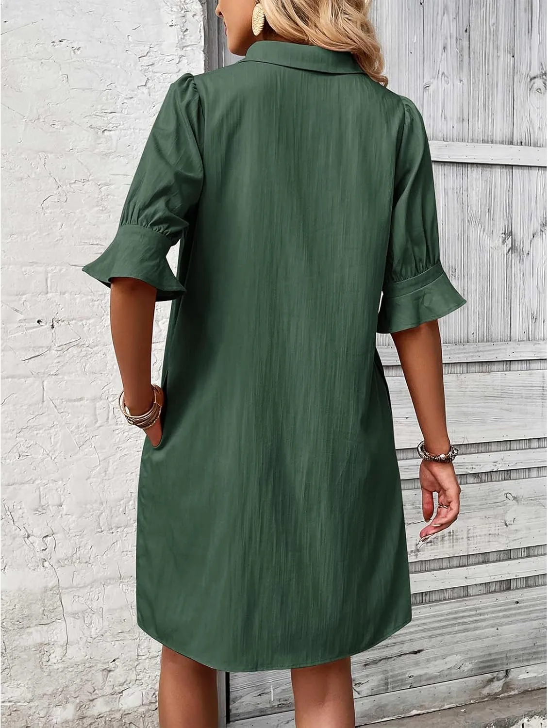 Womens Shirt Dresses Midi Length 3/4 Ruffle Sleeve Summer Dress Button Down Shift Lightweight Sundresses 2025 Trendy