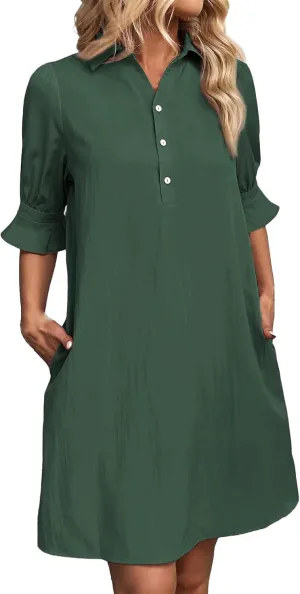 Womens Shirt Dresses Midi Length 3/4 Ruffle Sleeve Summer Dress Button Down Shift Lightweight Sundresses 2025 Trendy