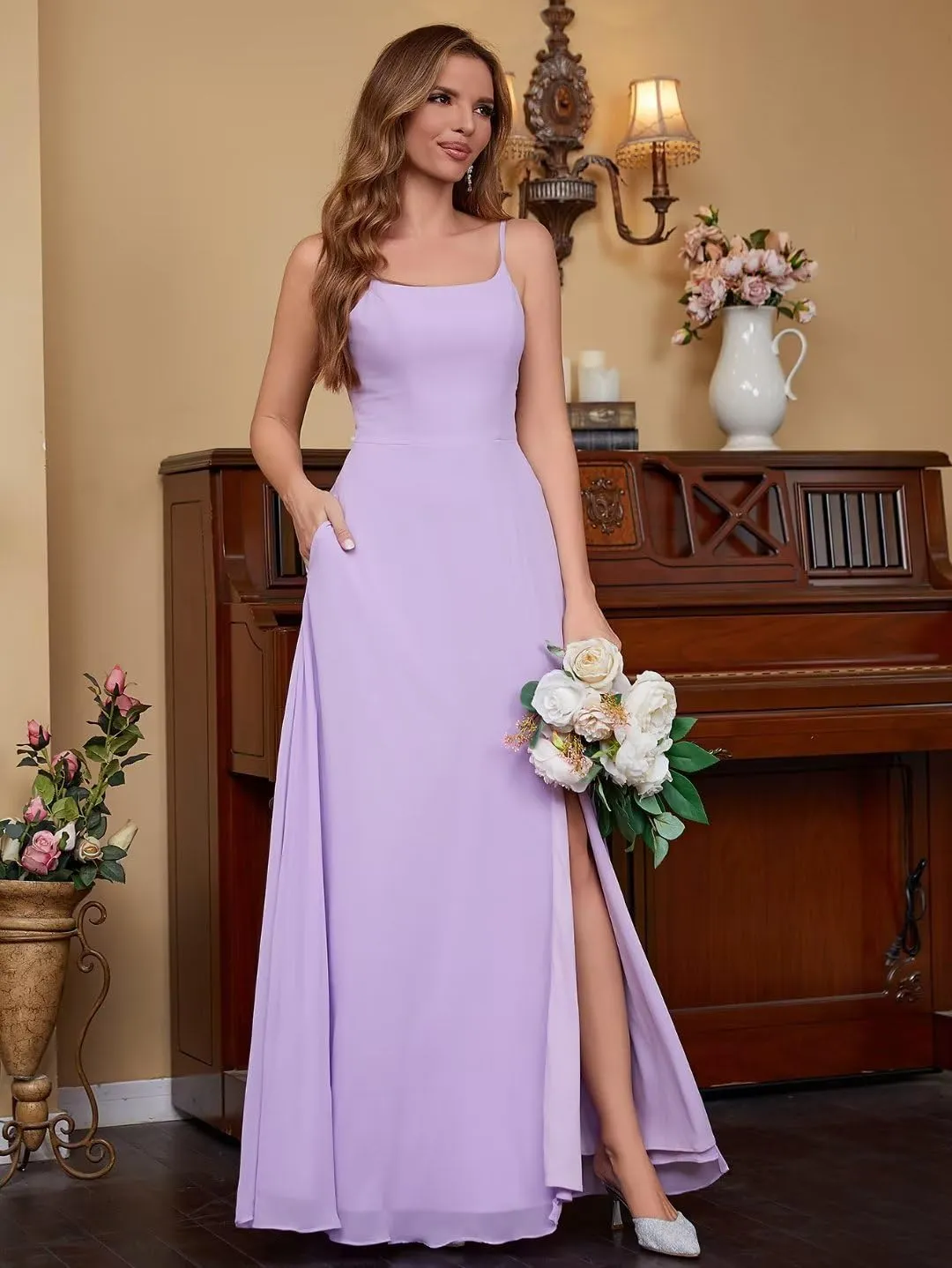 Womens Spaghetti Strap Bridesmaid Dresses Long A Line Slit Chiffon Formal Evening Gown Backless with Pockets