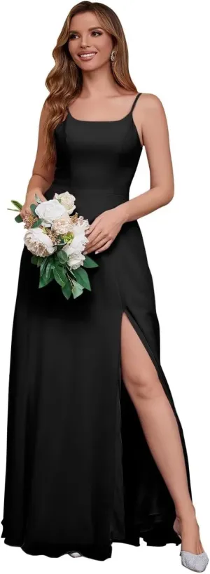 Womens Spaghetti Strap Bridesmaid Dresses Long A Line Slit Chiffon Formal Evening Gown Backless with Pockets