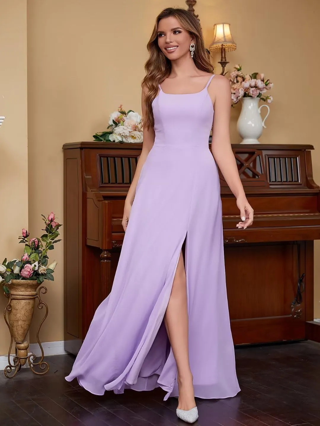 Womens Spaghetti Strap Bridesmaid Dresses Long A Line Slit Chiffon Formal Evening Gown Backless with Pockets