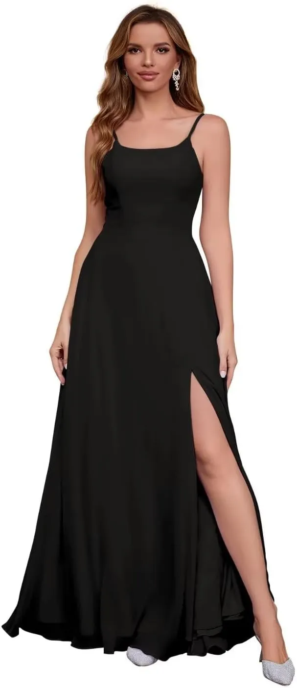 Womens Spaghetti Strap Bridesmaid Dresses Long A Line Slit Chiffon Formal Evening Gown Backless with Pockets