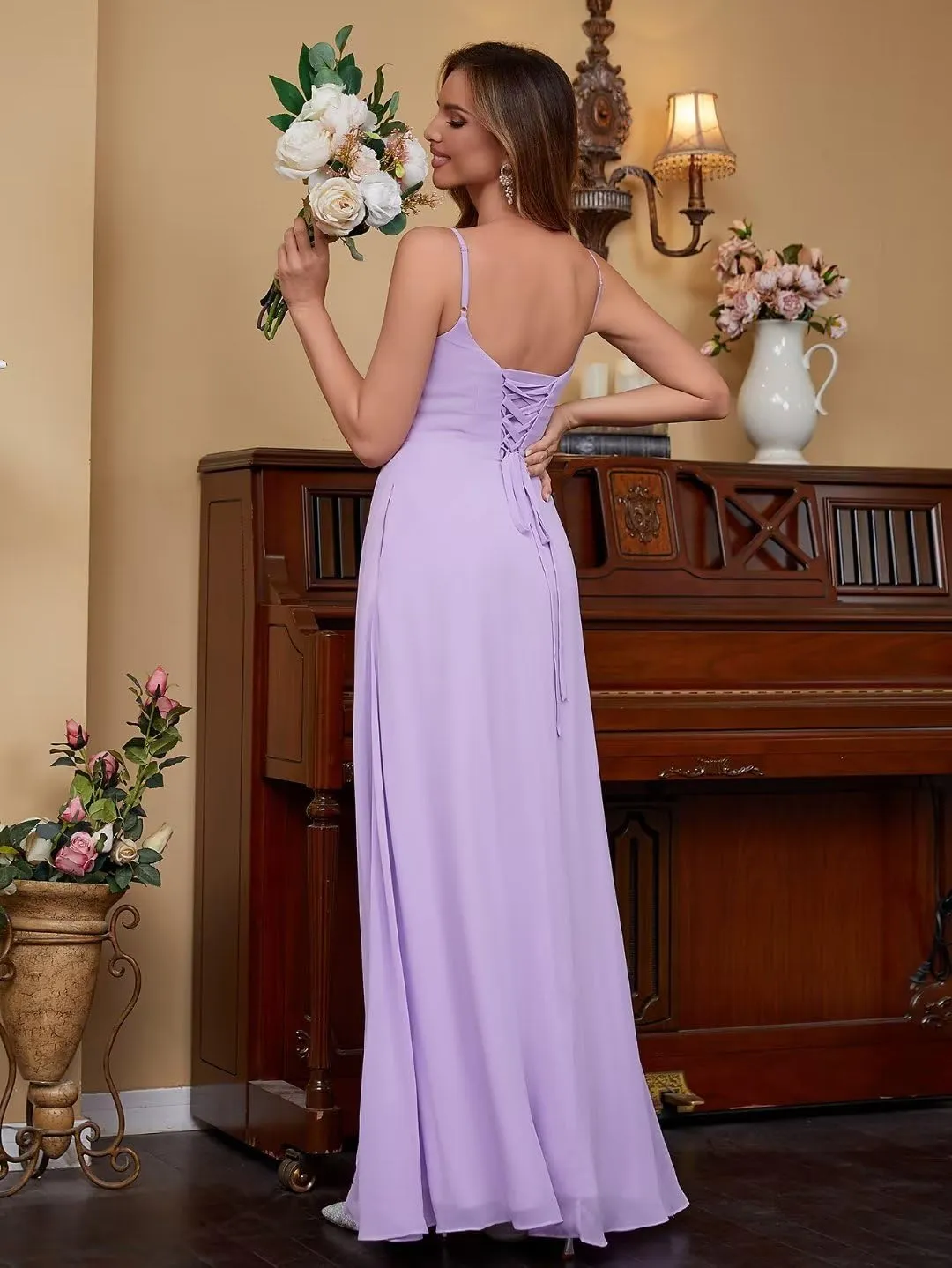 Womens Spaghetti Strap Bridesmaid Dresses Long A Line Slit Chiffon Formal Evening Gown Backless with Pockets
