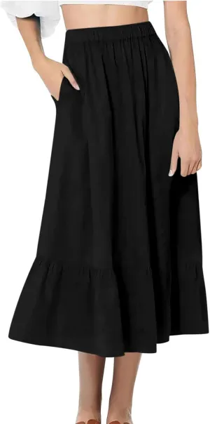 Women's Summer Boho Maxi Skirt Casual A-Line Flowy Ruffle Tiered Skirts High Waist Beach Long Skirts with Pockets