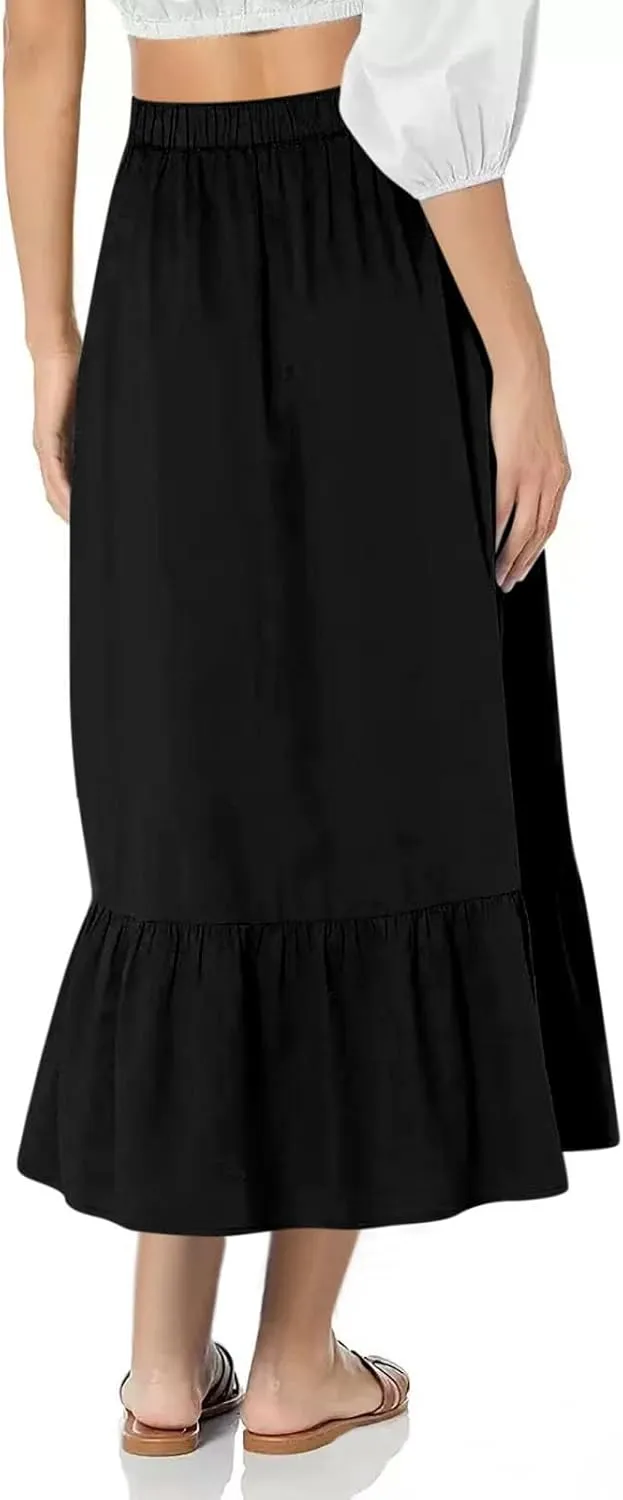 Women's Summer Boho Maxi Skirt Casual A-Line Flowy Ruffle Tiered Skirts High Waist Beach Long Skirts with Pockets